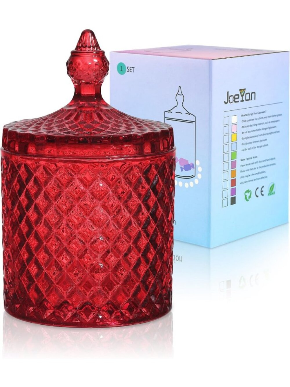 18 oz Red Glass Jars with Lid - Embossed Candy Dishes & Decorative Storage